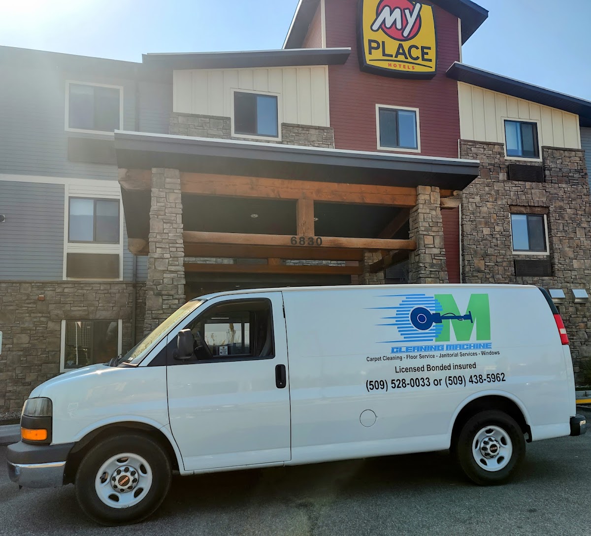 The Cleaning Machine company van, licensed bonded and insured, at a Tri-Cities job